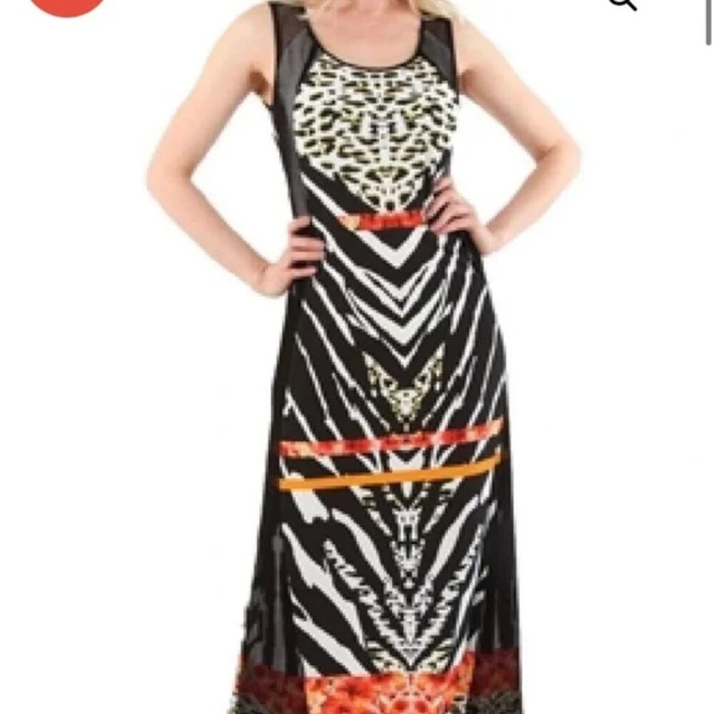 Frank Lyman Design US 6 UK 8 Black White Zebra Leopard Mesh‎ Trim Maxi Dress